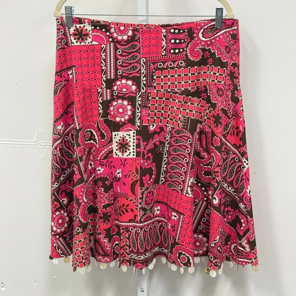 Y2K Willi Smith Paisley‎ Patchwork Boho Shell Fringe A-Line Knee Length Skirt